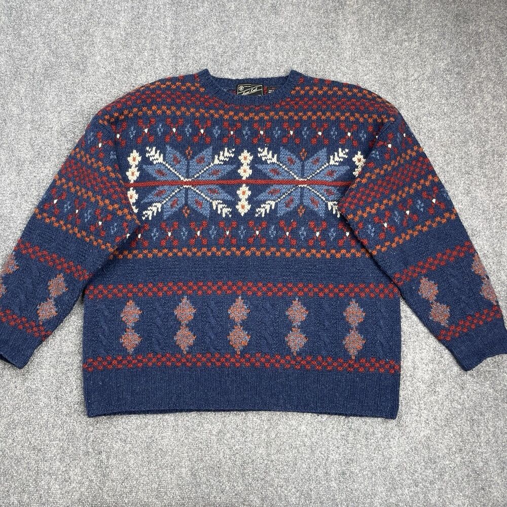 American Eagle Hand Knit 100% Shetland Wool Sweater Mens XL Fair Isle Snowflake